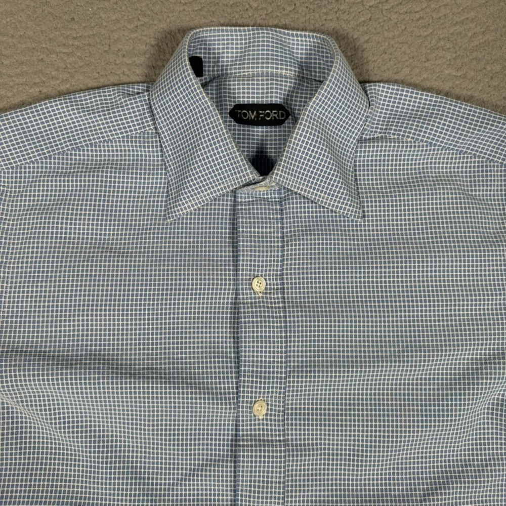 Tom Ford Shirt Mens 15.5 Blue Windowpane Grid Button Up Dress 100% Cotton Swiss
